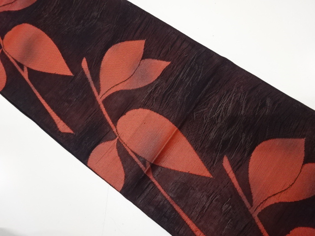 JAPANESE KIMONO / ANTIQUE SUMMER FUKURO OBI / SILK / WOVEN LEAVES